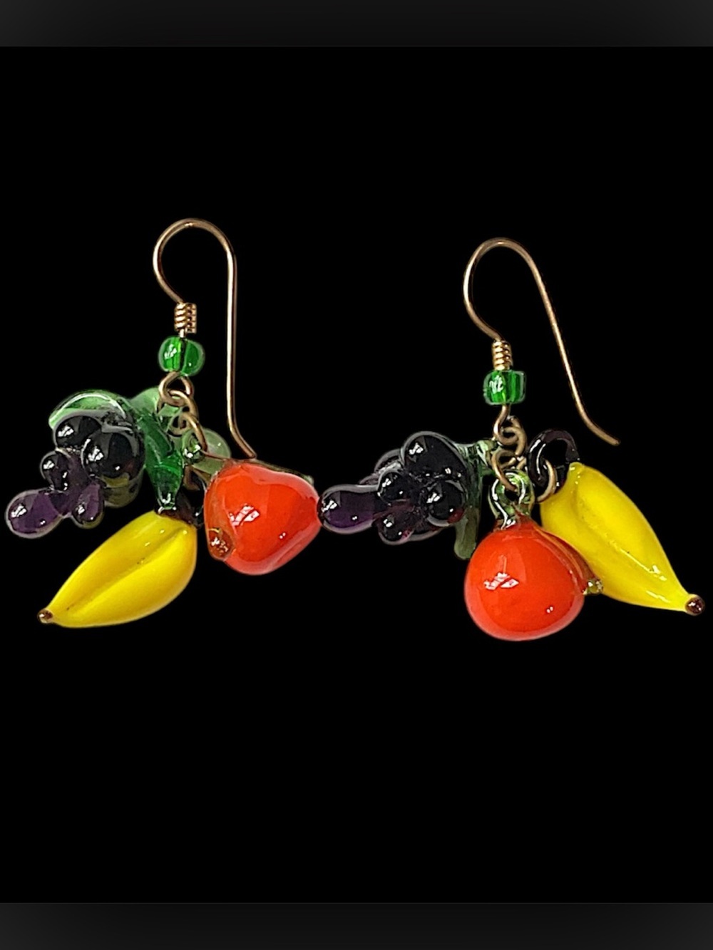 Vintage Fruit Salad Art Glass Dangle Drop Fruit Earrings